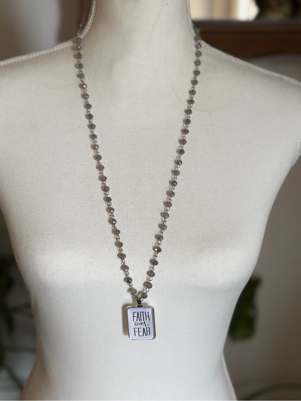 Vintage Silver Faucet Cut Glass Beads ‘Faith Over Fear' Beaded Pendant Necklace
